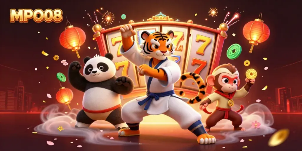 Experience MPO08 with a fun-filled 3D illustration showcasing a tiger master, panda disciple, and a monkey stealing gold among dynamic slot game elements.