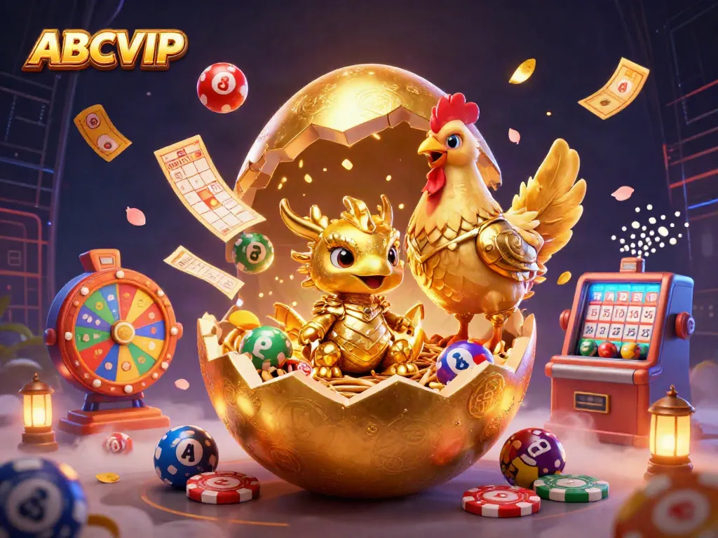 Experience ABCVIP with a golden dragon amidst colorful lottery elements in a vibrant casino scene.