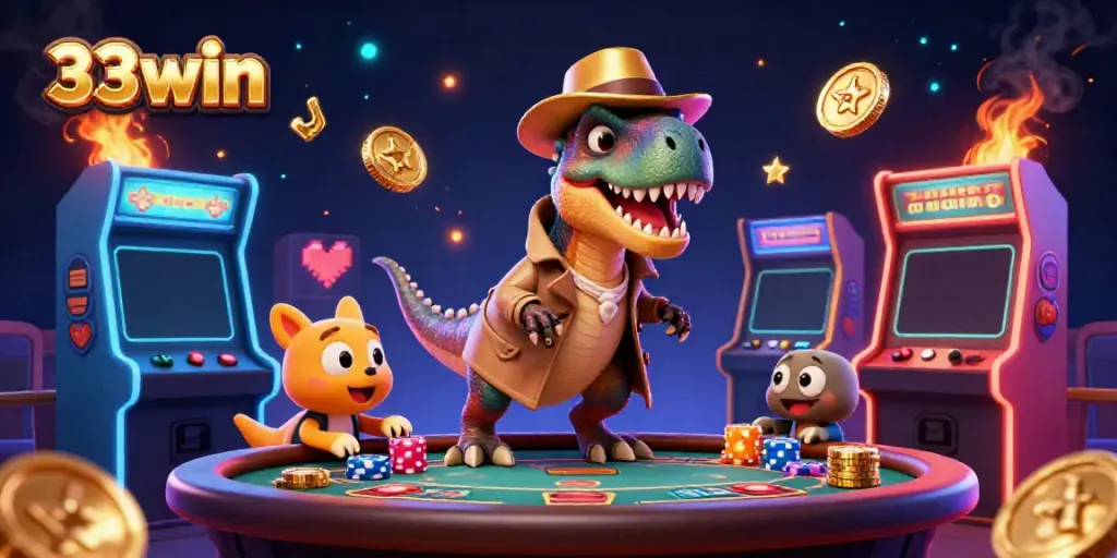 33win velociraptor card counter sneaks chips at a blackjack table in a vibrant casino scene.