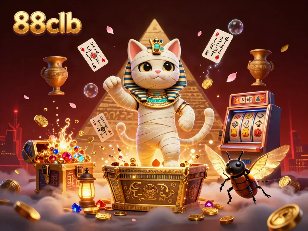 Engage with thrilling 88clb casino adventure featuring a unique Egyptian mummy cat and vibrant elements.