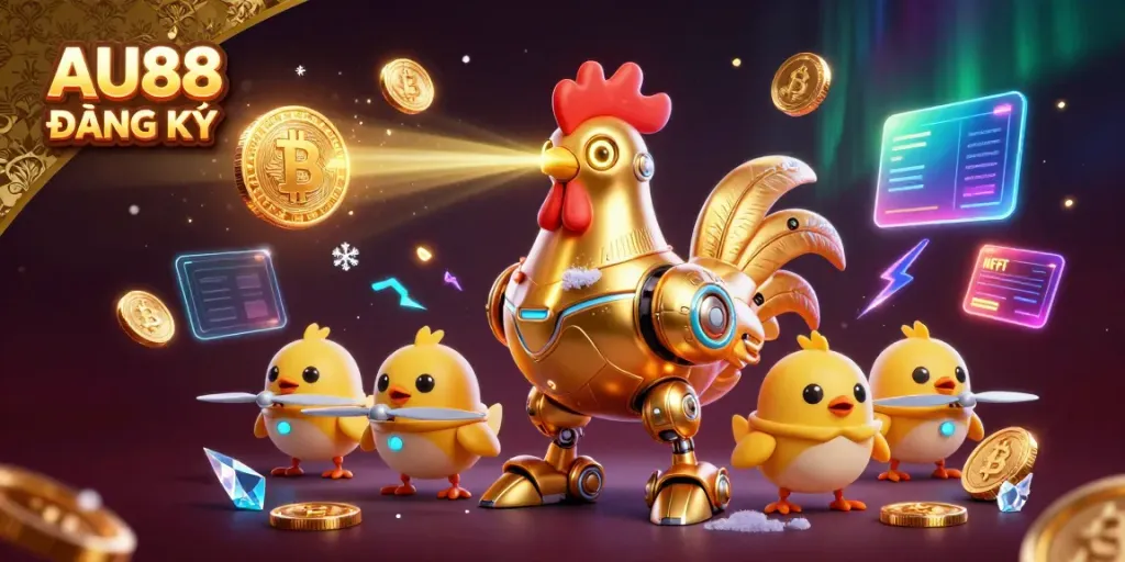 Engage with the vibrant AU88 ĐĂNG KÝ scene showcasing a futuristic golden rooster robot surrounded by cryptocurrency elements.