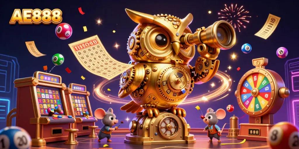Explore dynamic AE888 gaming scenes with colorful lottery balls and a giant golden owl.