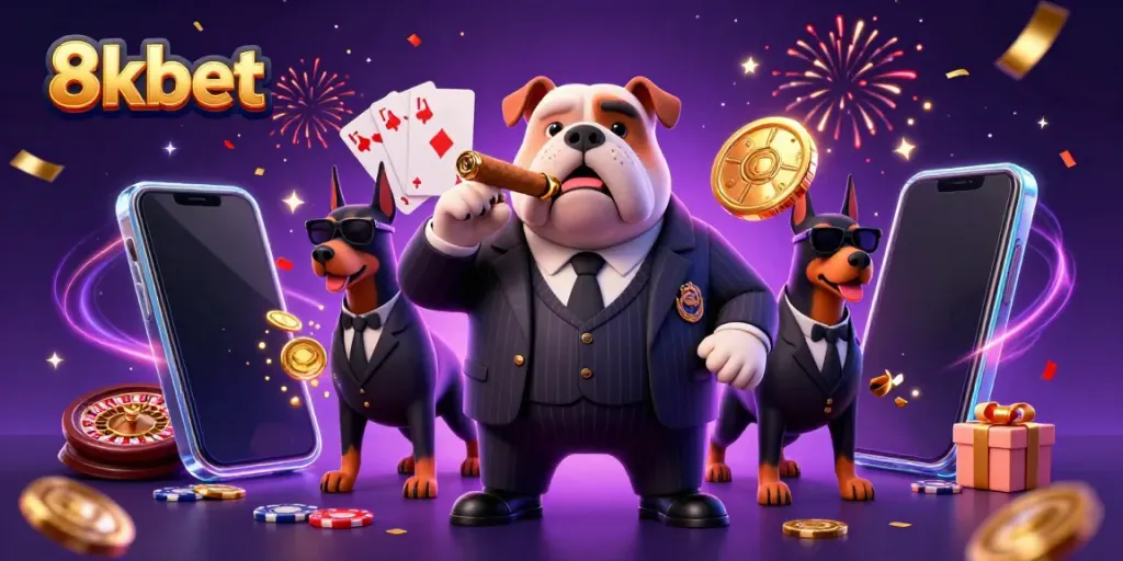 Experience the excitement of 8xbet with a vibrant 3D casino scene featuring a bulldog boss and Doberman guards.