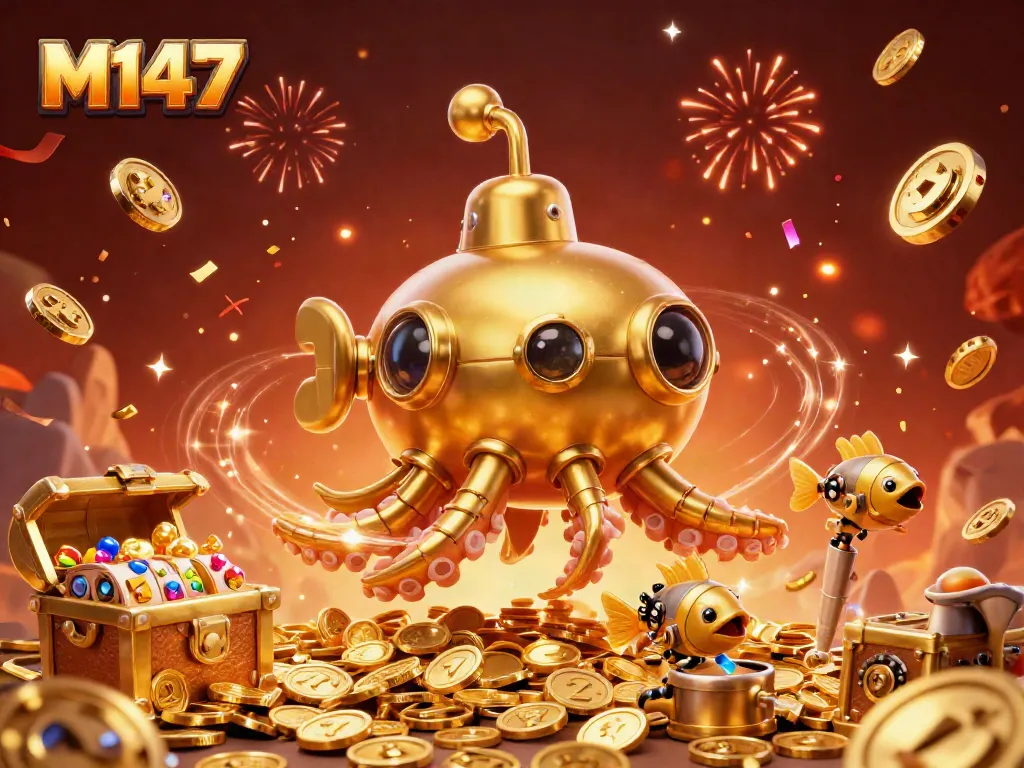 Experience the excitement of M147 with a vivid 3D casino scene featuring a kraken submarine and slot elements.