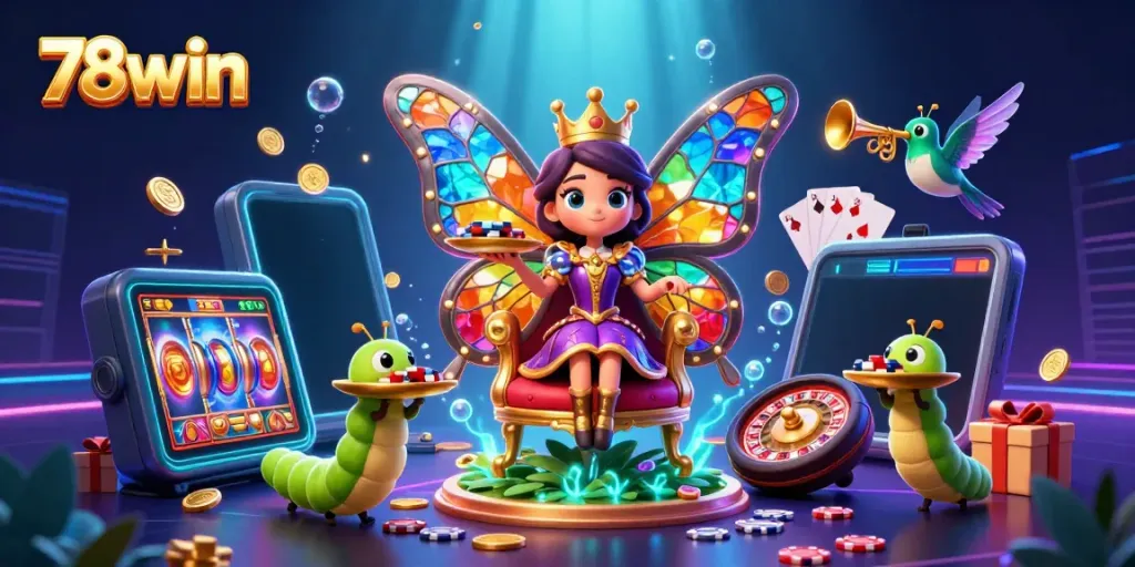 Experience vibrant casino action with 78win's butterfly queen and poker chips in a colorful setting.